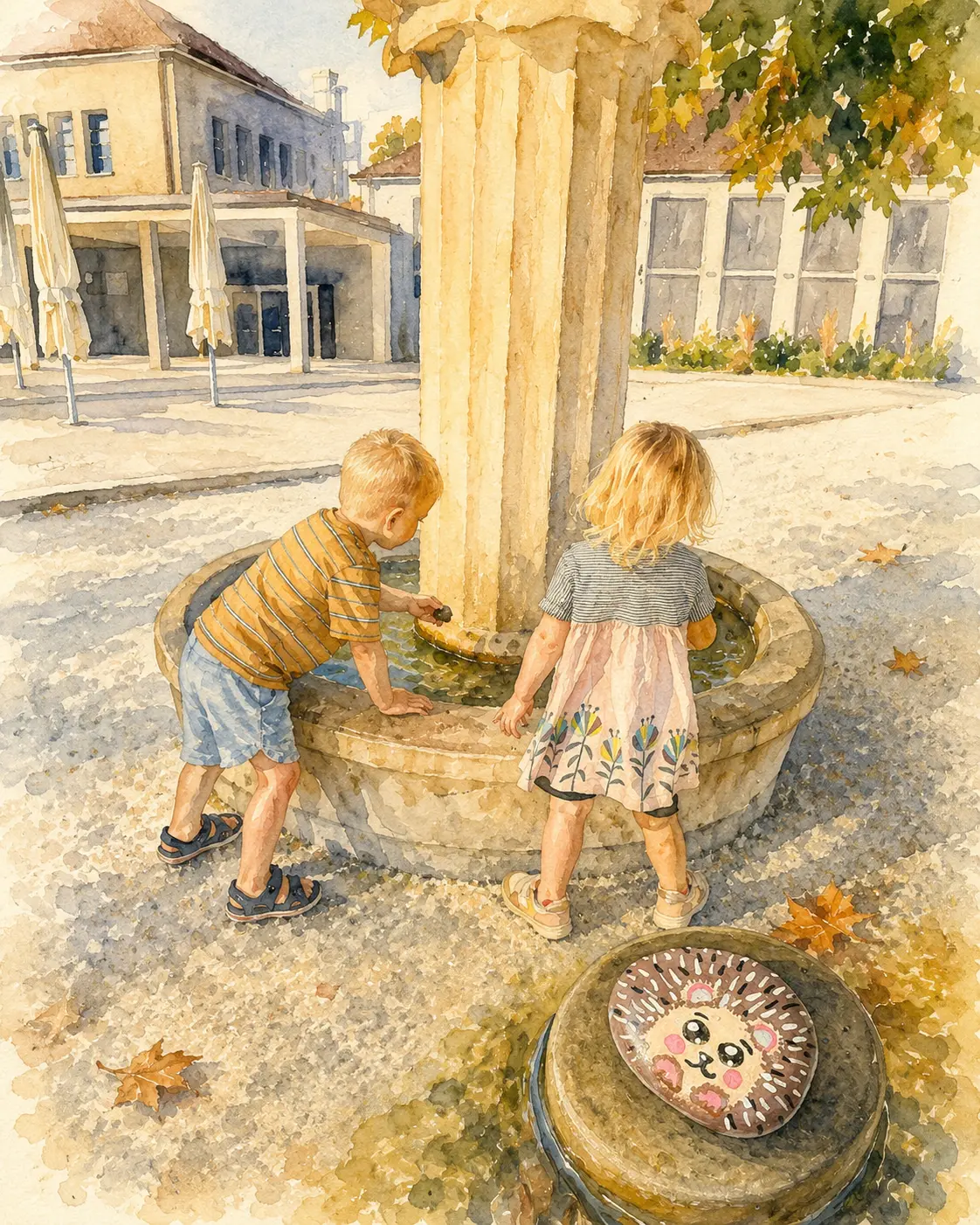Aquarell von zwei Kindern am Brunnen im Städtli