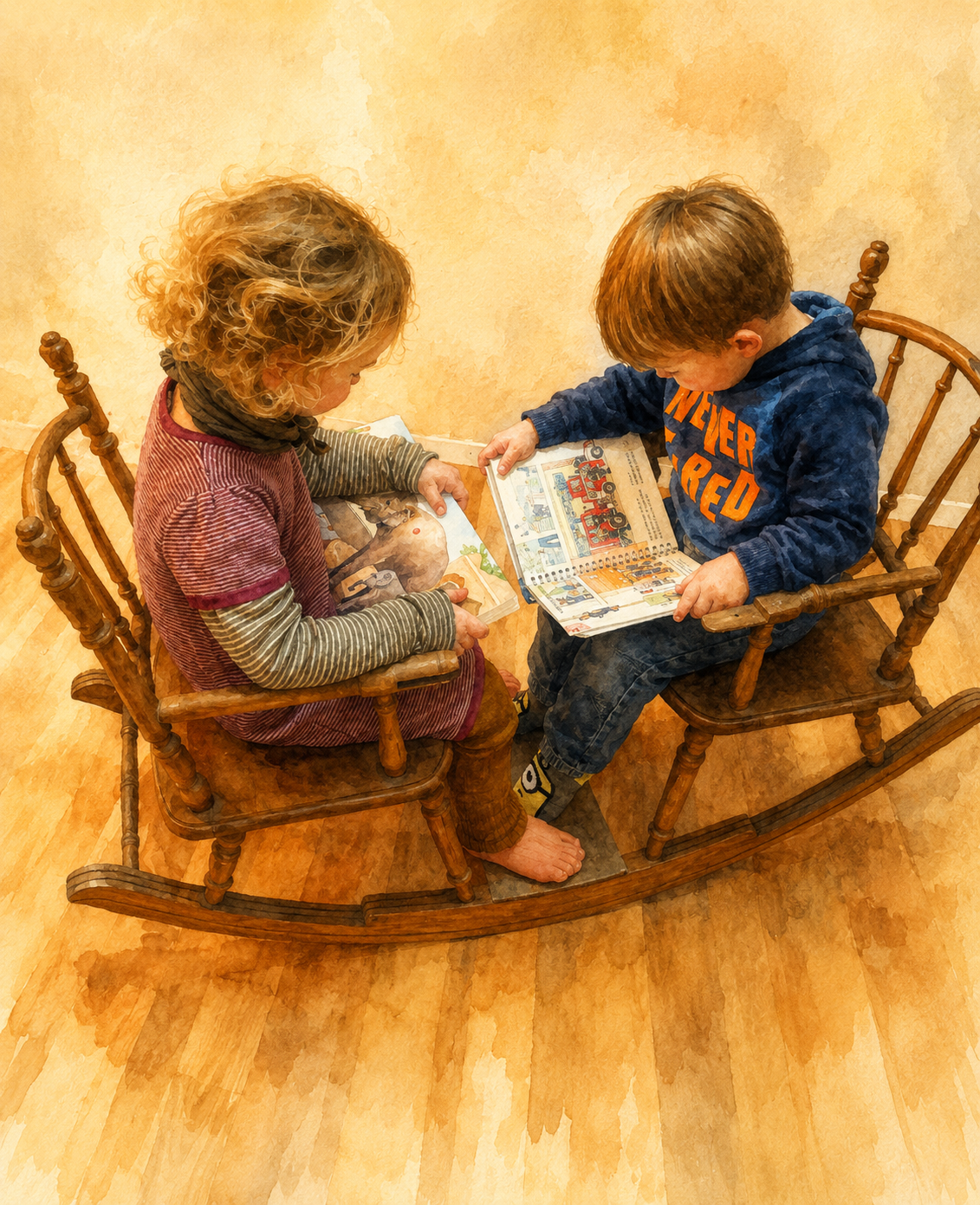 Aquarell von zwei Kindern in Schaukelstühlen beim Bilderbuch anschauen